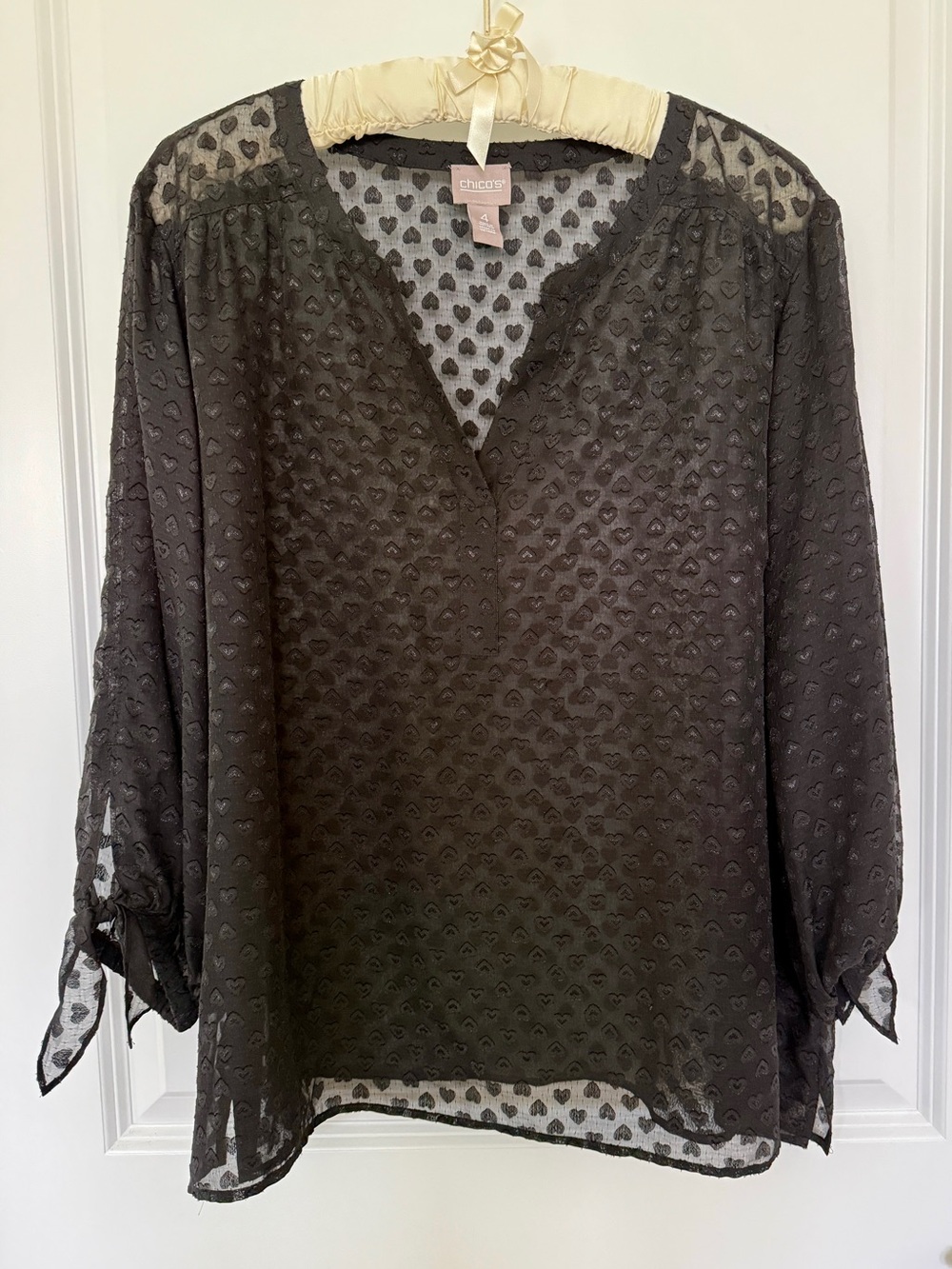 Chico's Black Sheer Heart-Pattern V-Neck Blouse